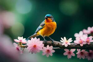 en fågel är uppflugen på en gren med rosa blommor. ai-genererad foto