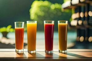 fyra glasögon av orange juice på en tabell. ai-genererad foto