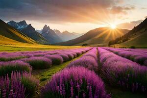 de Sol stiger över lavendel- fält i de berg. ai-genererad foto