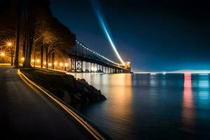 de gyllene Port bro på natt. ai-genererad foto
