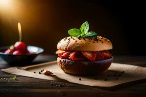 en hamburgare med jordgubbar och mynta på en trä- tabell. ai-genererad foto