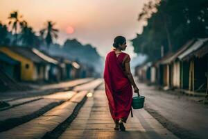 en kvinna i en röd sari promenader ner en väg. ai-genererad foto