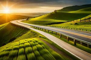 en motorväg lindning genom en grön dal på solnedgång. ai-genererad foto