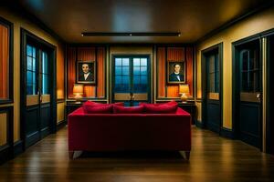 en rum med en röd soffa och två målningar på de vägg. ai-genererad foto