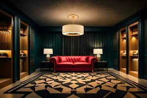 en rum med en röd soffa och svart och vit mönstrad golv. ai-genererad foto