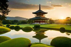 de japansk trädgård på de kyoto slott. ai-genererad foto