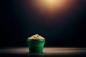 en hink av popcorn på en tabell. ai-genererad foto