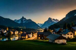 Foto tapet berg, de himmel, de Sol, de berg, de by, de berg,. ai-genererad