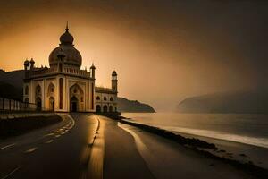 en lång exponering fotografera av en moské på de strand. ai-genererad foto