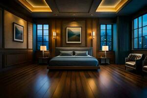 en sovrum med trä- golv och en säng. ai-genererad foto