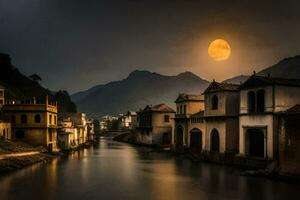 de måne stiger över en flod i en by. ai-genererad foto