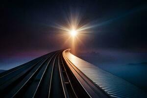 en tåg Spår med de Sol lysande genom Det. ai-genererad foto