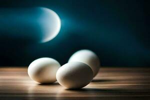 tre ägg på en tabell med en full måne i de bakgrund. ai-genererad foto