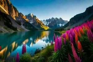skön bergen och blommor i de bergen med en sjö. ai-genererad foto