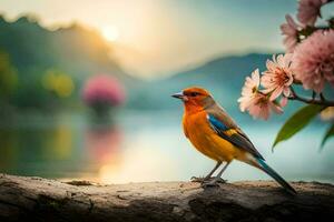 Foto tapet fågel, de Sol, blommor, vatten, de sjö, de fågel, de fågel. ai-genererad
