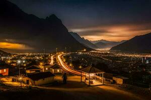 en stad på natt med bergen i de bakgrund. ai-genererad foto