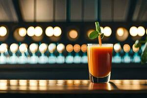 en glas av orange juice Sammanträde på en bar. ai-genererad foto