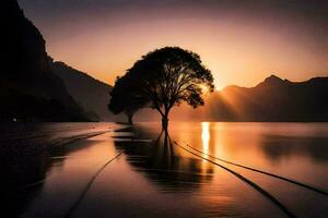 en träd är silhouetted mot de solnedgång i en sjö. ai-genererad foto