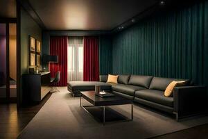 en modern levande rum med en svart soffa och röd gardiner. ai-genererad foto