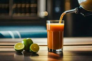 en glas av orange juice varelse hällde in i en glas. ai-genererad foto