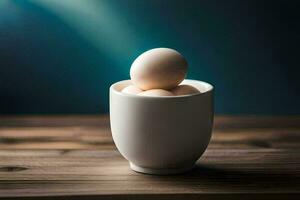 ägg i en kopp på en trä- tabell. ai-genererad foto