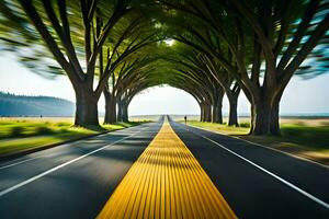en lång väg med träd och en gul linje. ai-genererad foto