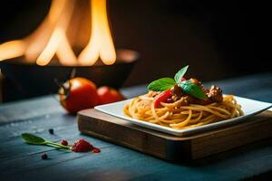 spaghetti med kött och tomater på en tallrik. ai-genererad foto