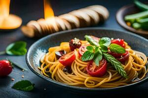 spaghetti med tomater och basilika löv i en skål. ai-genererad foto