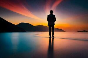 en man i en kostym står på de strand på solnedgång. ai-genererad foto
