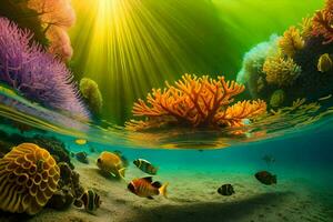 under vattnet scen med färgrik koraller och fisk. ai-genererad foto