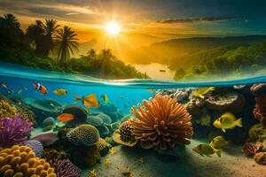 de Sol stiger över en tropisk rev och korall rev. ai-genererad foto