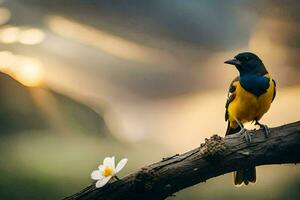 en färgrik fågel sitter på en gren med en blomma. ai-genererad foto
