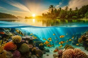 de Sol uppsättningar över en tropisk rev och korall rev. ai-genererad foto