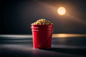 en röd hink fylld med popcorn på en mörk yta. ai-genererad foto