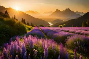 de Sol stiger över en lavendel- fält i de berg. ai-genererad foto