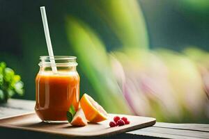 en glas burk med orange juice och en sugrör på en trä- tabell. ai-genererad foto