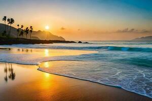 de Sol uppsättningar på de strand i kauai, hawaii. ai-genererad foto