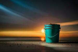 en hink av sand sitter på de strand på solnedgång. ai-genererad foto