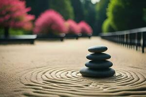 en zen trädgård med stenar och en väg. ai-genererad foto