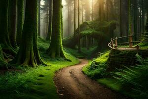 en väg genom en grön skog med träd och en bro. ai-genererad foto