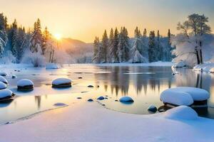 Foto tapet de himmel, snö, träd, flod, stenar, de Sol, vinter, de. ai-genererad