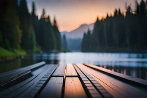 en trä- docka sitter på de kant av en sjö på solnedgång. ai-genererad foto