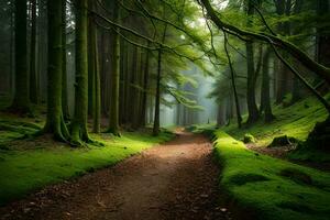 en väg genom en grön skog med träd och mossa. ai-genererad foto