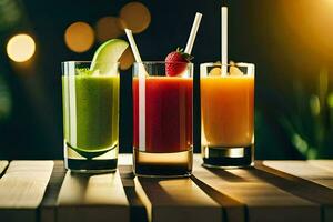 tre annorlunda typer av juicer är visad i glasögon. ai-genererad foto