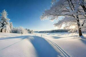 snö täckt träd och de Sol lysande genom de träd. ai-genererad foto