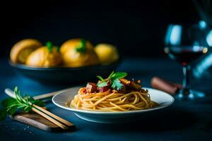 spaghetti med kött och grönsaker i en skål. ai-genererad foto