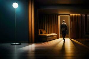 en man är gående in i en rum med en ljus på. ai-genererad foto