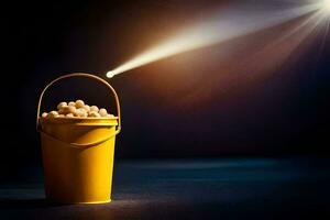 en hink fylld med popcorn på en mörk bakgrund. ai-genererad foto