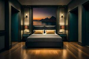 en sovrum med en stor säng och en vägg väggmålning. ai-genererad foto