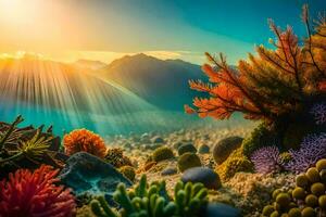 de Sol lyser över en korall rev och berg. ai-genererad foto